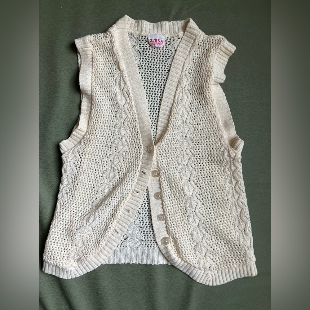 Vintage Pointelle Crochet Button Up Vest Ivory Cream Twee Boho Small